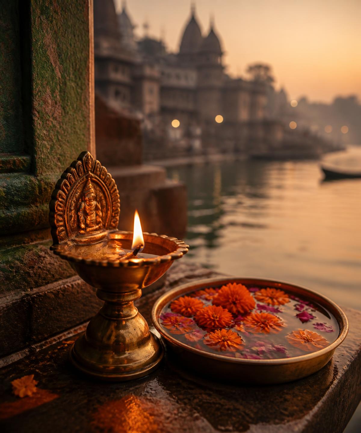 Brass oil lamp burning beside marigold petals in a water bowl on a river ghat at dawn